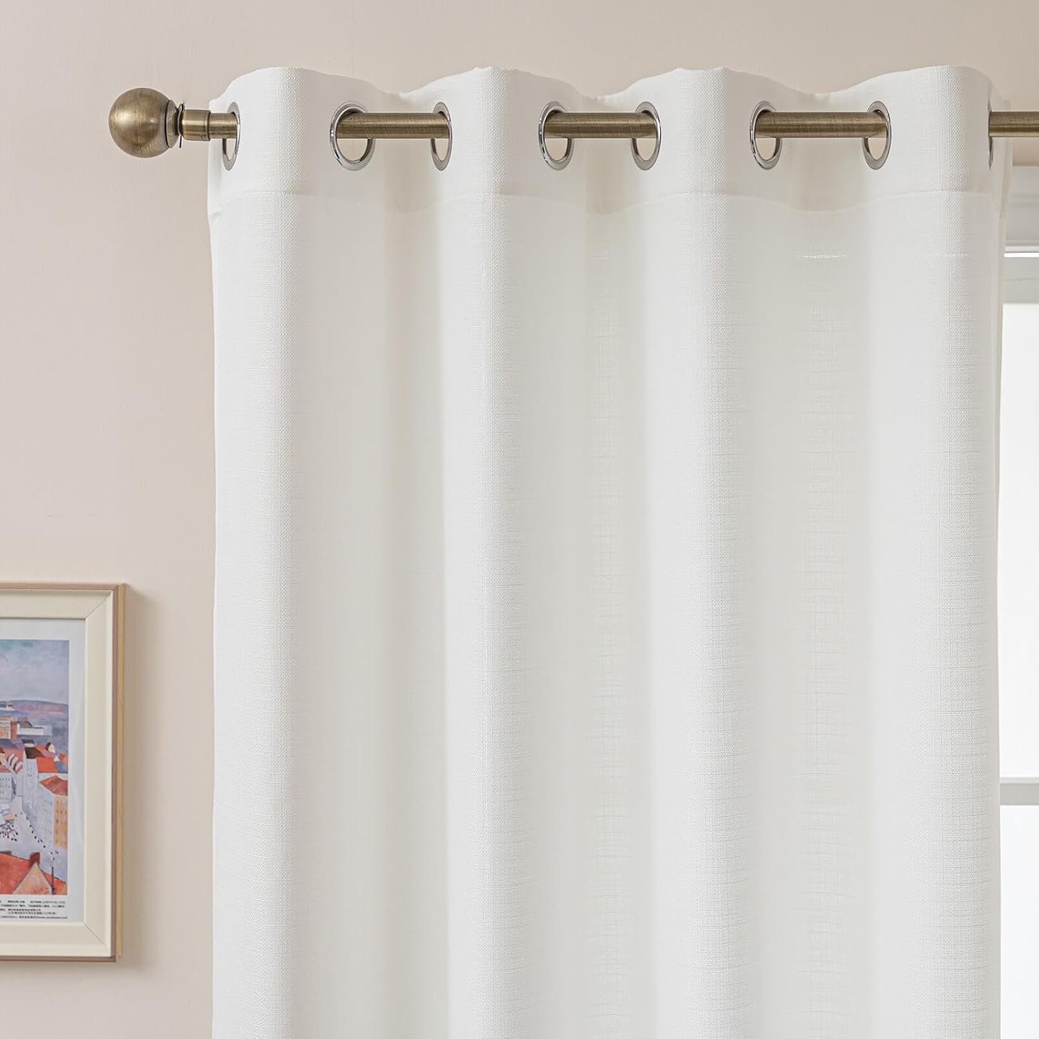 White soft-light curtains, double-panel. Simple, sheer floor-to-ceiling window coverings