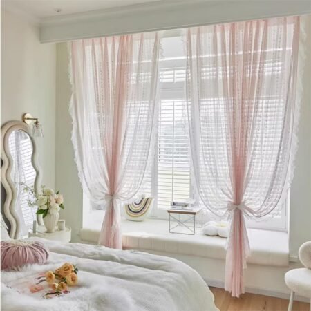 Pink French-Style Floral Lace Sheer Curtain