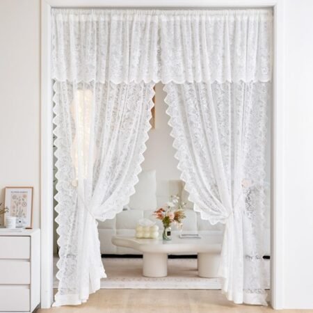 White Vintage Floral Lace Scalloped Curtain With Bead Trim