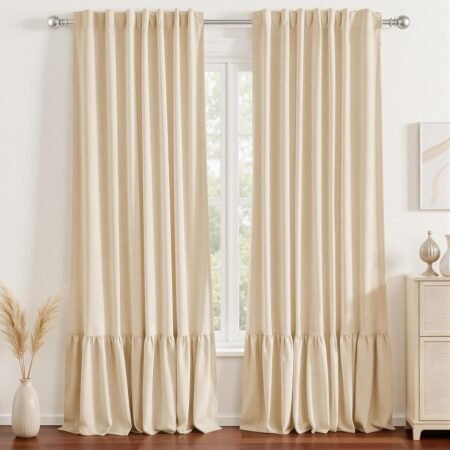 Double-layer ruffled cotton and linen blackout curtain set (two pieces), lining temperature-regulating light-blocking fabric curtain, multi-hanging style curtain for bedroom and living room light sleep