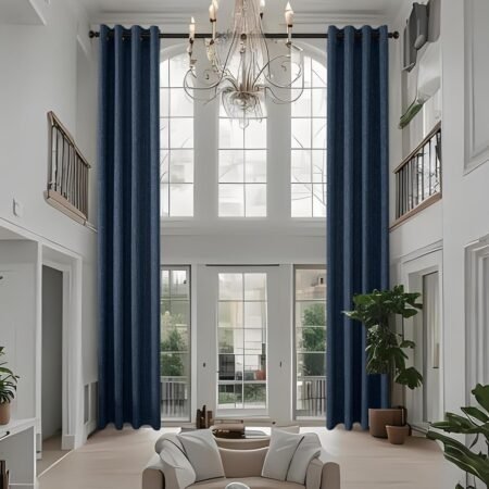 Navy blue long linen-blend blackout perforated curtain set, coarse linen texture, rustic living room floor-length fabric hanging curtains.