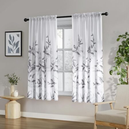 Non-see-through privacy sheer curtains, leaf floral printed, light filtering, set of 2.