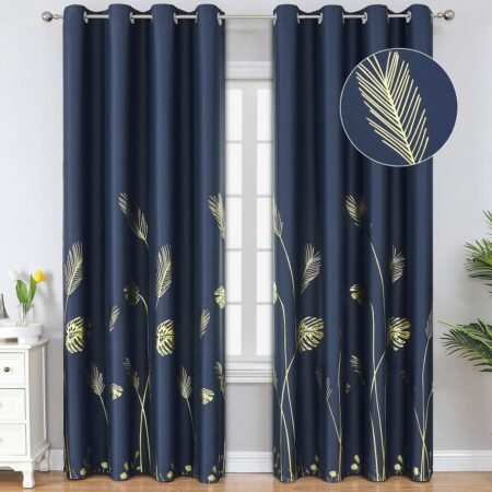 Navy blue blackout curtains, gold palm leaves printed, energy saving, grommet, set of 2.
