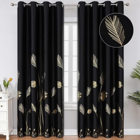 Black blackout curtains, room darkening, thermal insulated, gold print design, grommet, set of 2.