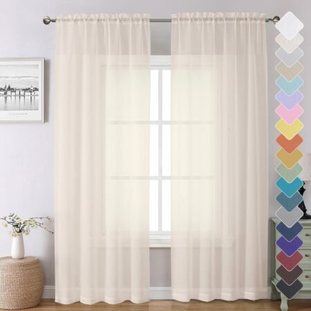 Cream sheer curtains, light filtering, rod pocket, voile drapes, set of 2.