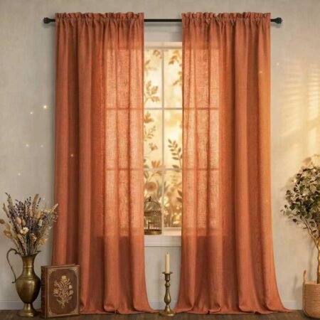 Warm orange sheer curtains, double-panel, vintage atmosphere, home window decoration.