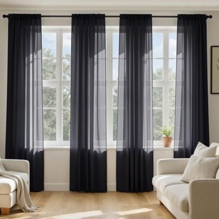 Black sheer curtains, light filtering, rod pocket, voile drapes, set of 4.