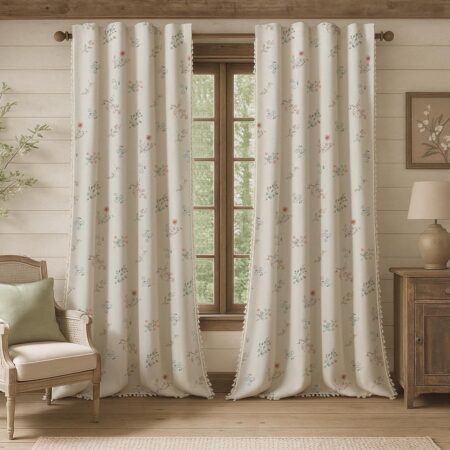 Pastoral floral print cotton-linen blackout curtains (2-panel set); accented with tassels; temperature-regulating and light-blocking; vintage style for living rooms and bedrooms.