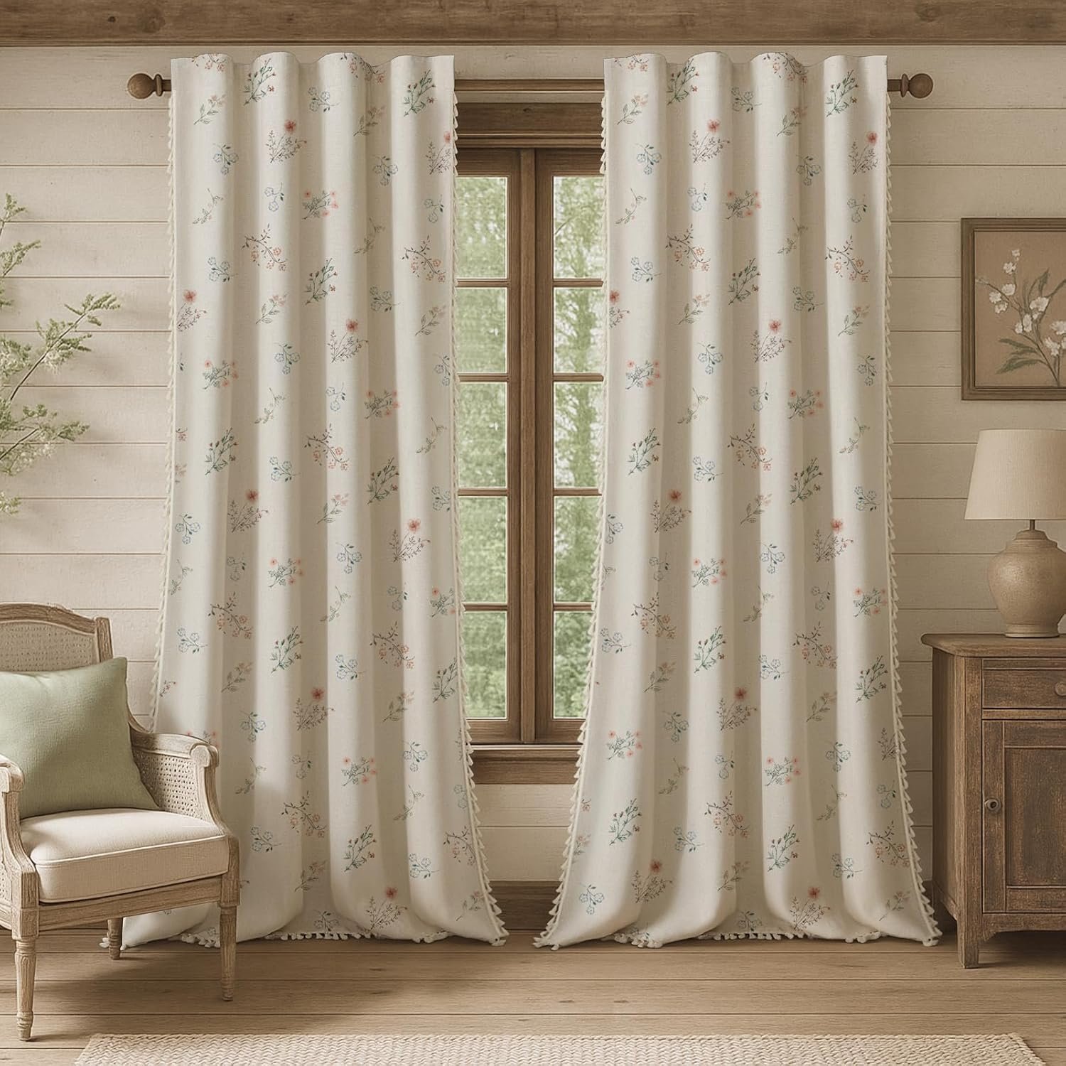 Pastoral floral print cotton-linen blackout curtains (2-panel set); accented with tassels; temperature-regulating and light-blocking; vintage style for living rooms and bedrooms.