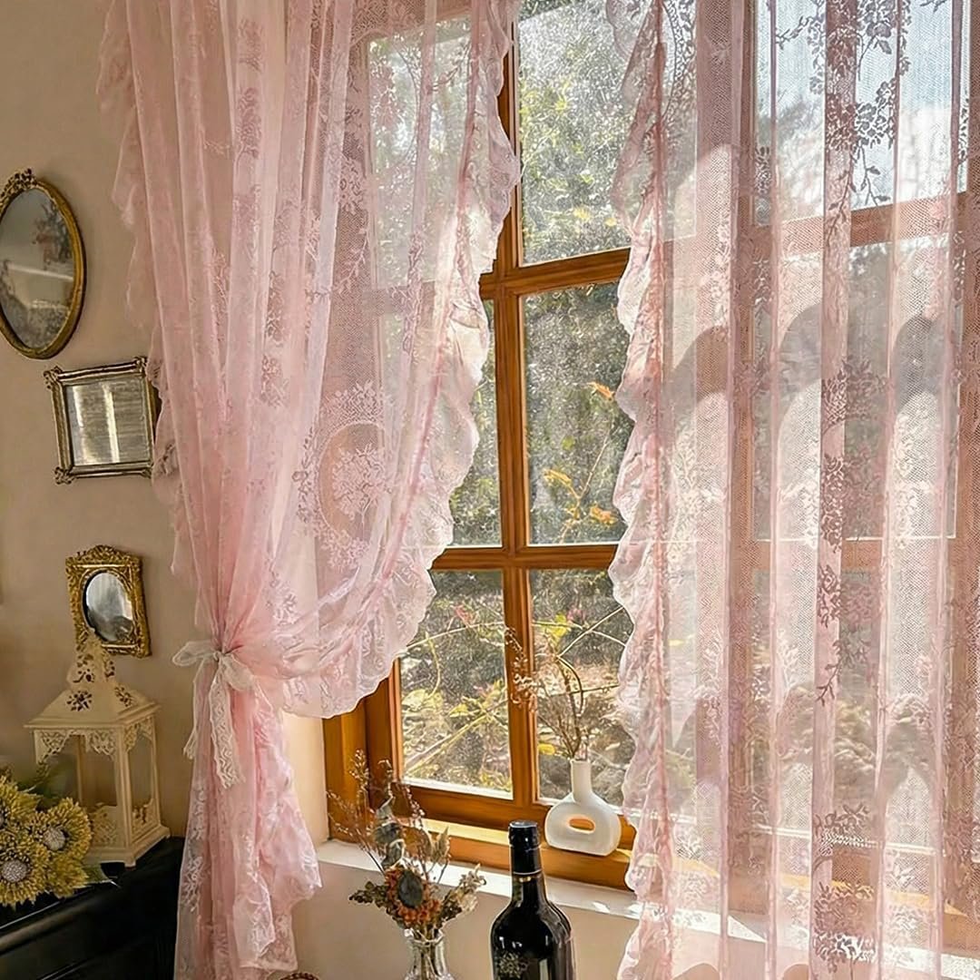 Pink Bohemian Floral Lace Sheer Curtain