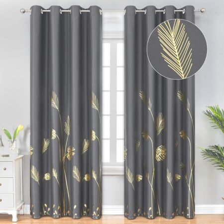 Dark grey blackout curtains, thermal insulated, room darkening, gold palm leaf pattern, grommet, set of 2.