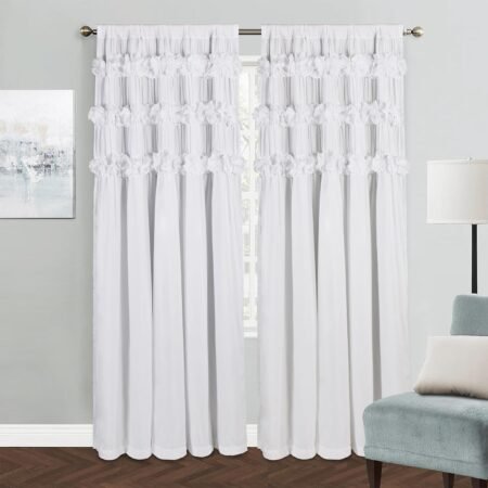 Blackout drapes, handmade ruffles, butterfly flower accents, thermal insulated, soundproof, set of 2.