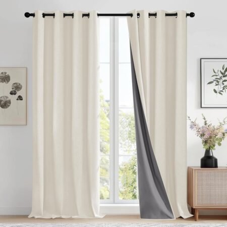 Linen-Textured Coated Blackout Perforated Curtain Two-Piece Set, Cream-Tone Constant Temperature Insulation Fabric Curtain, Basic Soft Furnishing for Bedroom and Living Room