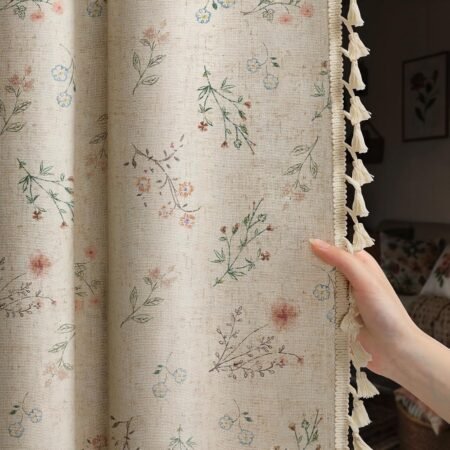 100% blackout curtains, linen texture, farmhouse vintage, beige tassels, rod pocket, set of 2.