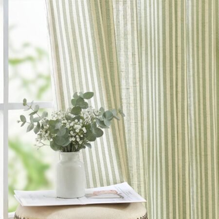 Linen curtains, light filtering, ticking stripe pattern, grommet, set of 2.