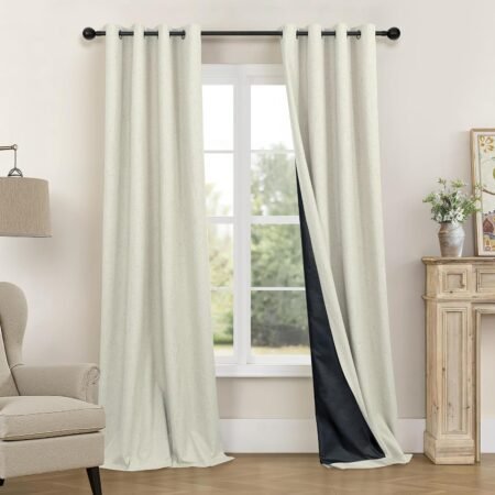 Light brown cotton-linen blackout curtain set (2 panels) with canvas-like texture and grommet header; thickened fabric; suitable for sliding doors and floor-to-ceiling windows