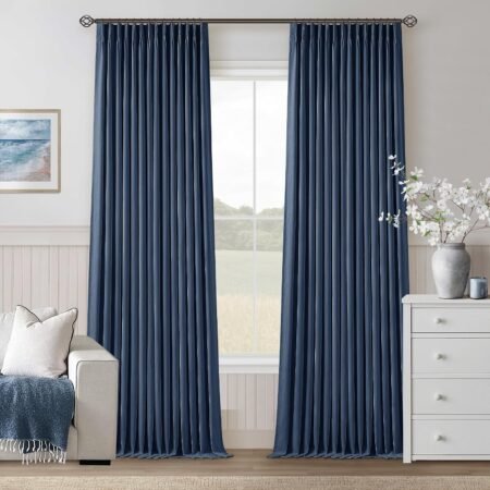 Navy blue double-layer structured cotton-linen blackout pinch-pleat curtains; lined for light and noise reduction; vintage pastoral style for floor-to-ceiling windows