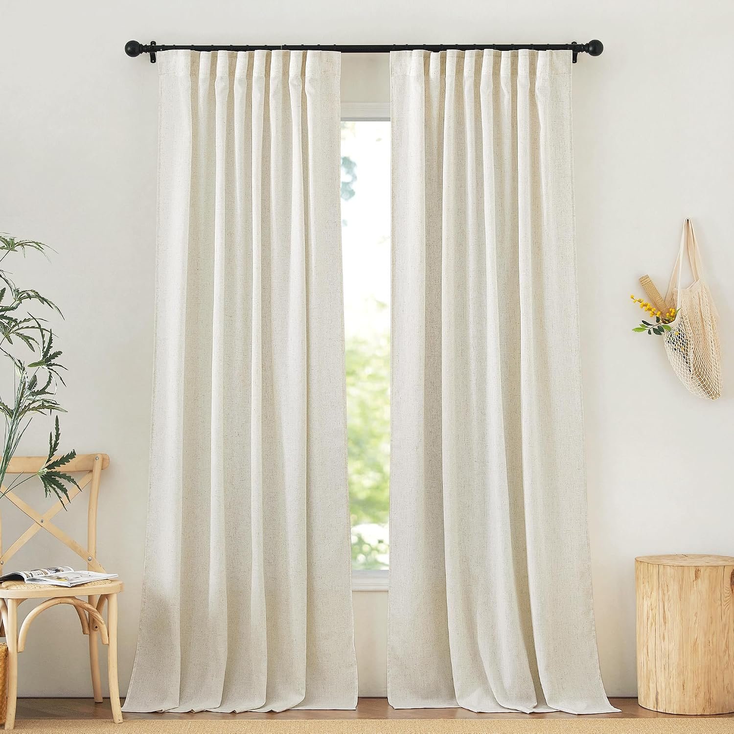 Textured cotton and linen soft light curtain set (two pieces), pleated double-hanging privacy fabric curtain, pastoral bedroom and living room versatile window decoration