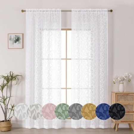 White Cut-Work Jacquard Leaf-Pattern Sheer Curtain