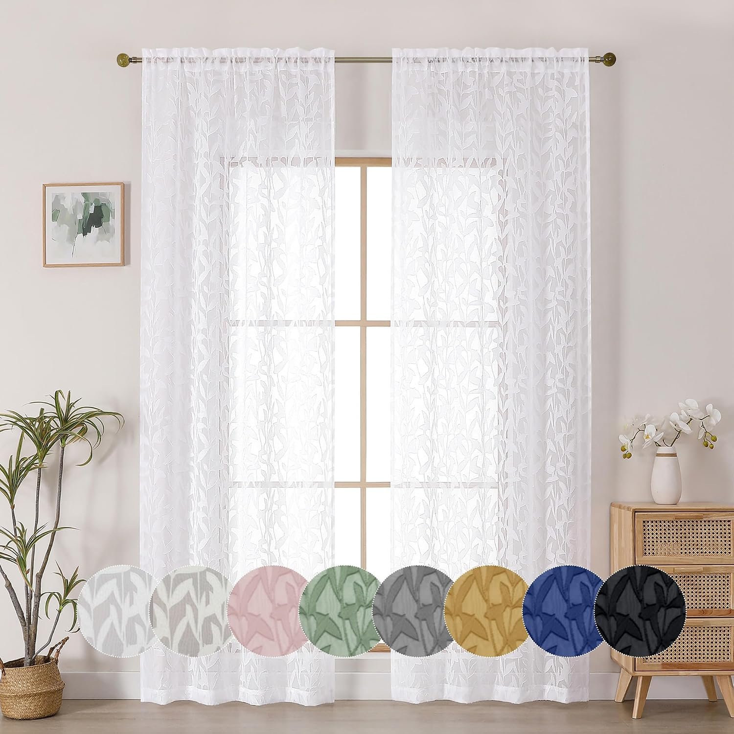 White Cut-Work Jacquard Leaf-Pattern Sheer Curtain