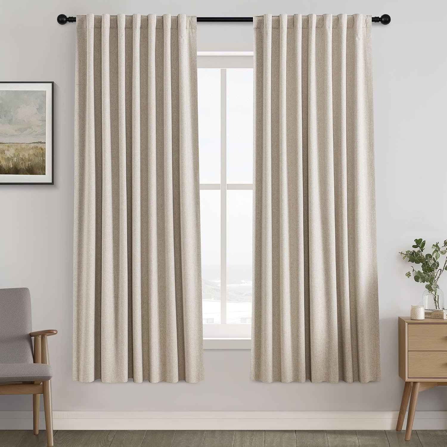 Short cotton-linen blackout curtain set (2 panels); dual-hanging style, thermal-insulating and noise-reducing; versatile minimalist soft furnishing