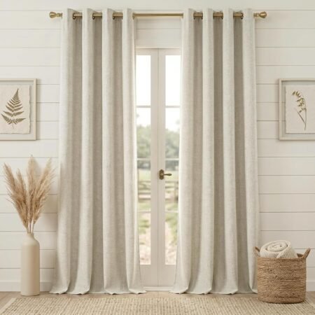 Textured, thickened cotton-linen blackout curtain set (2 panels) with grommet header; natural wood-inspired style in soft, organic tones; versatile minimalist blackout curtains