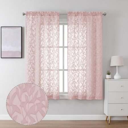 Pink Cottage-Style Leaf-Pattern Sheer Curtain