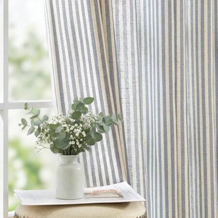 Linen curtains, light filtering, ticking stripe pattern, grommet, set of 2.