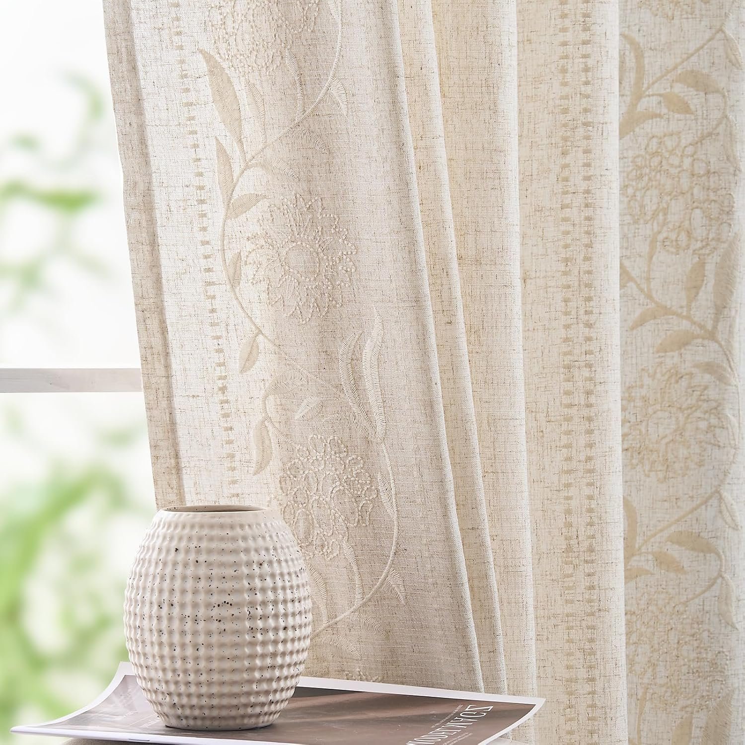 Lace embroidered curtains, double-panel, fresh floral decorative curtains.