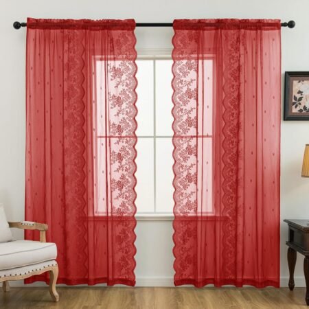 Red Country-Style Floral Lace Scalloped Curtain