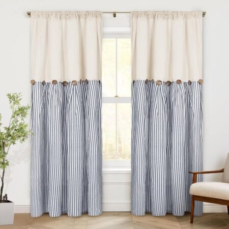 Blue striped cotton-linen blackout curtain set (2 panels) with button detailing; vintage Bohemian style with back-tab hanging; soft furnishing for living rooms and bedrooms