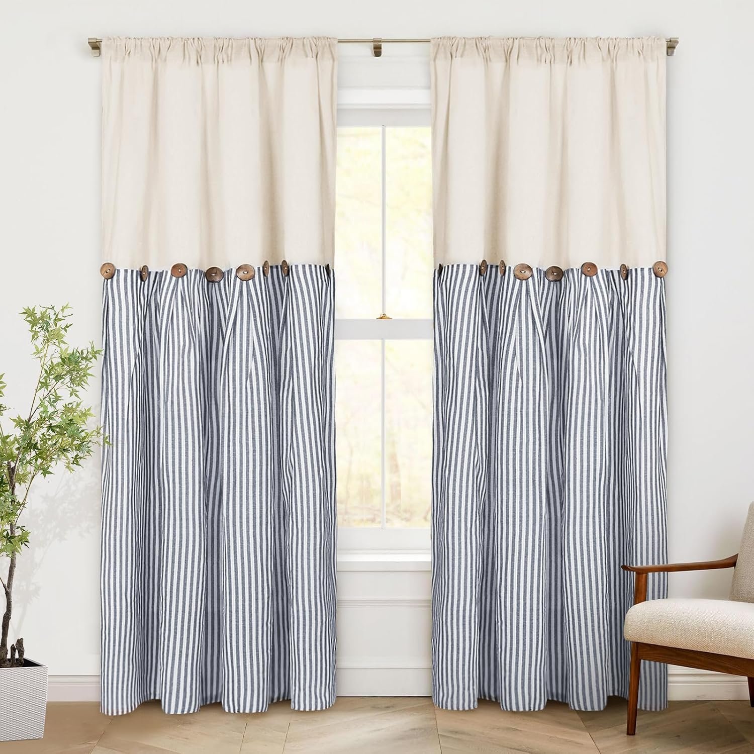 Blue striped cotton-linen blackout curtain set (2 panels) with button detailing; vintage Bohemian style with back-tab hanging; soft furnishing for living rooms and bedrooms