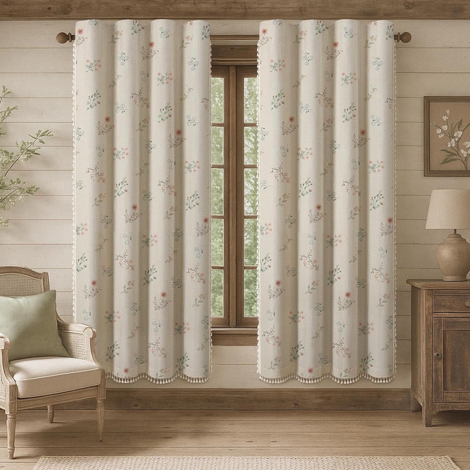 Bohemian floral print cotton-linen blackout curtain set (2 panels); beige textured fabric with tassels and grommet header; vintage pastoral style soft furnishing