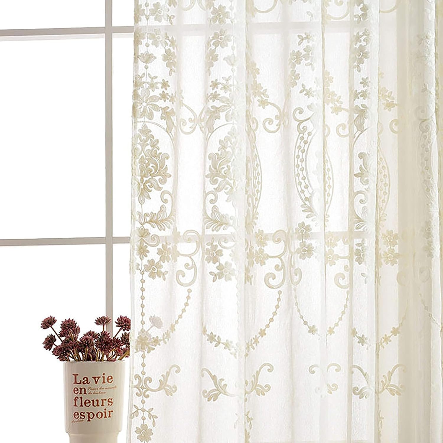 White European-Style Floral Embroidered Sheer Curtain