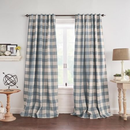 Buffalo check blackout curtain, chambray, single panel.