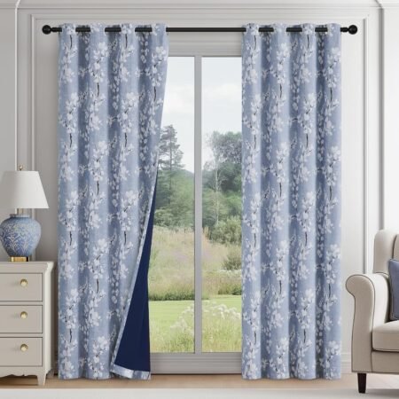 100% blackout floral curtains, blossom patterned, thermal insulated, grommet, set of 2.