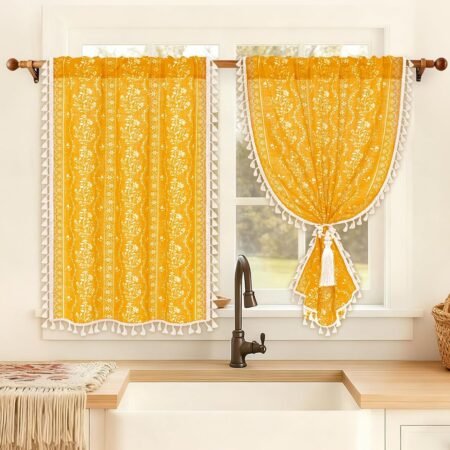 Boho kitchen curtains, vintage linen, light filtering, rod pocket, farmhouse rustic tassel with tiebacks, set of 2.