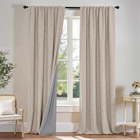 Light beige cotton-linen blackout curtain set (2 panels); dual-mount vintage pastoral style; creamy texture for floor-to-ceiling windows