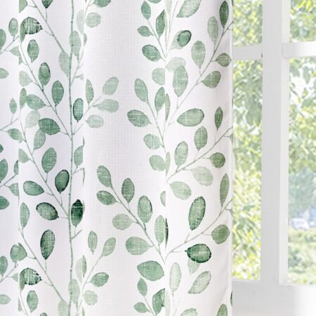 Green botanical leaf curtains, thermal insulated, grommet, set of 2.