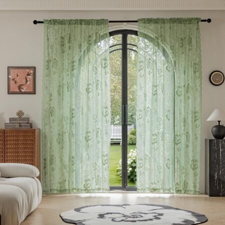 Sage Green Vintage Floral Lace Sheer Curtain With Scalloped Edge