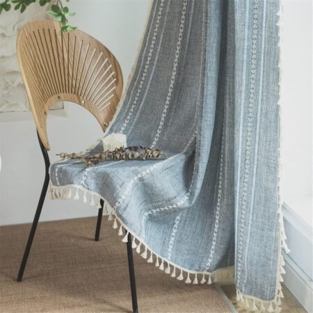 Blue embroidered bohemian cotton and linen semi-blackout single curtain, French pastoral fabric curtain, universal curtain for dining room, children's room, and kitchen