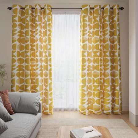 Geometric circular pattern double-panel curtains, retro-modern style window treatment
