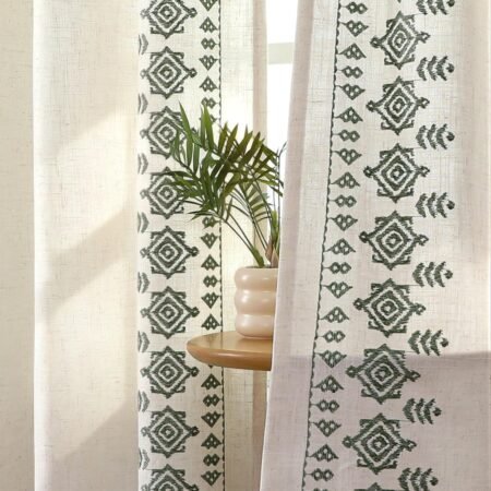Embroidered curtains, boho patterned linen, light filtering, back tab rod pocket, set of 2.