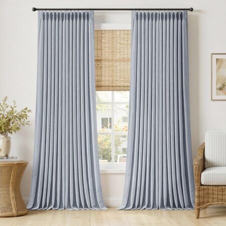 Light Blue Long Floor-Length Pleated Thickened Cotton-Linen Soft Light Curtain Two-Piece Set, Matching Hooks and Back Buckle Design, Fabric Curtain for Living Room and Bedroom
