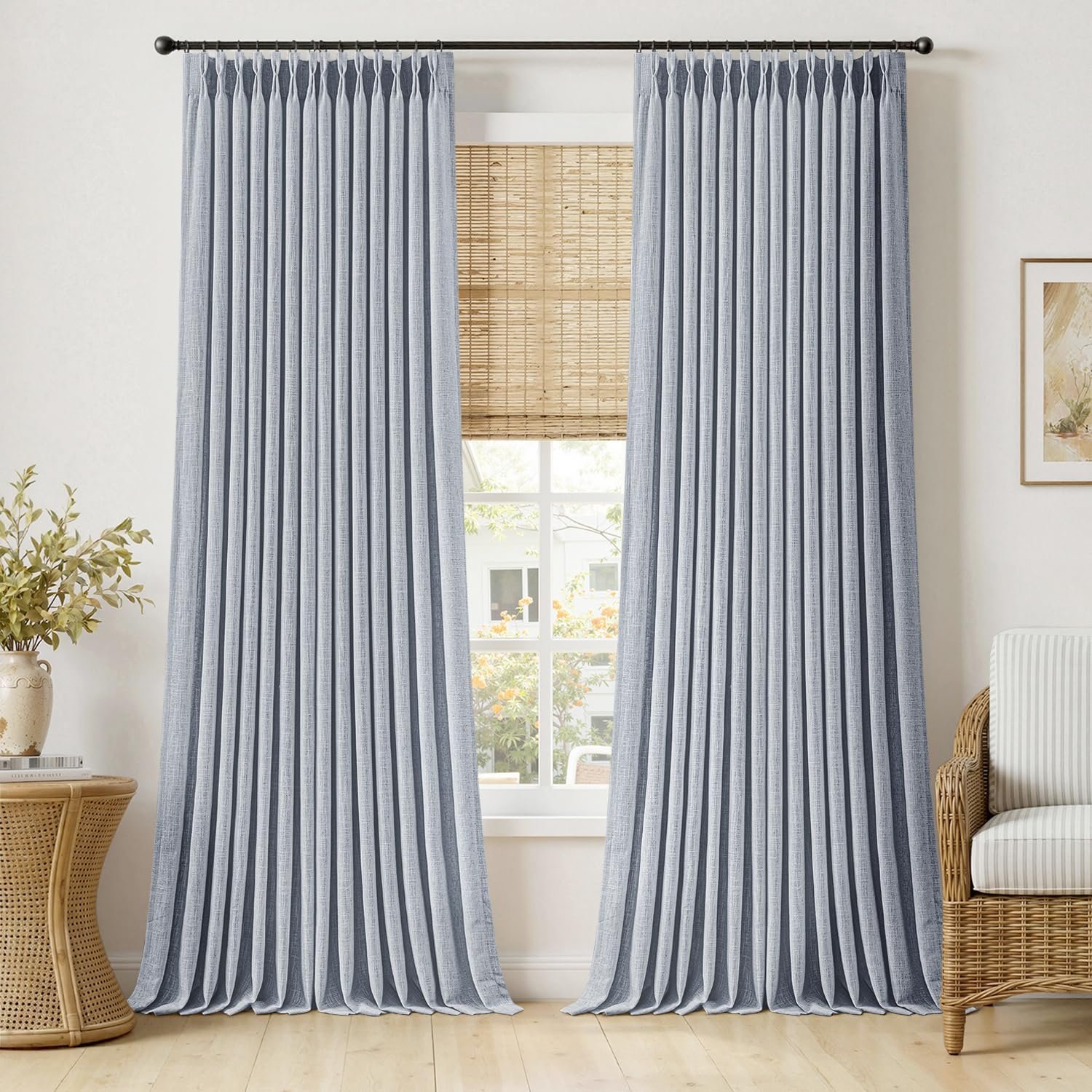 Light Blue Long Floor-Length Pleated Thickened Cotton-Linen Soft Light Curtain Two-Piece Set, Matching Hooks and Back Buckle Design, Fabric Curtain for Living Room and Bedroom