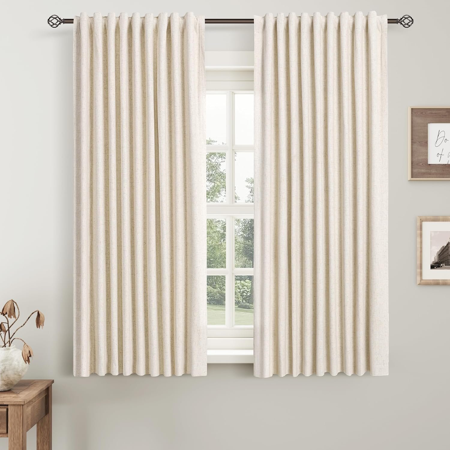 Light beige cotton and linen blackout short curtain set (two pieces) Double-Hanging Constant Temperature Blackout Fabric Curtain for Track Use, Simple Country Style Home Window Decoration