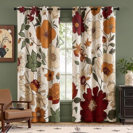 Faux linen vintage blackout curtains, room darkening, grommet, flower pattern, set of 2.