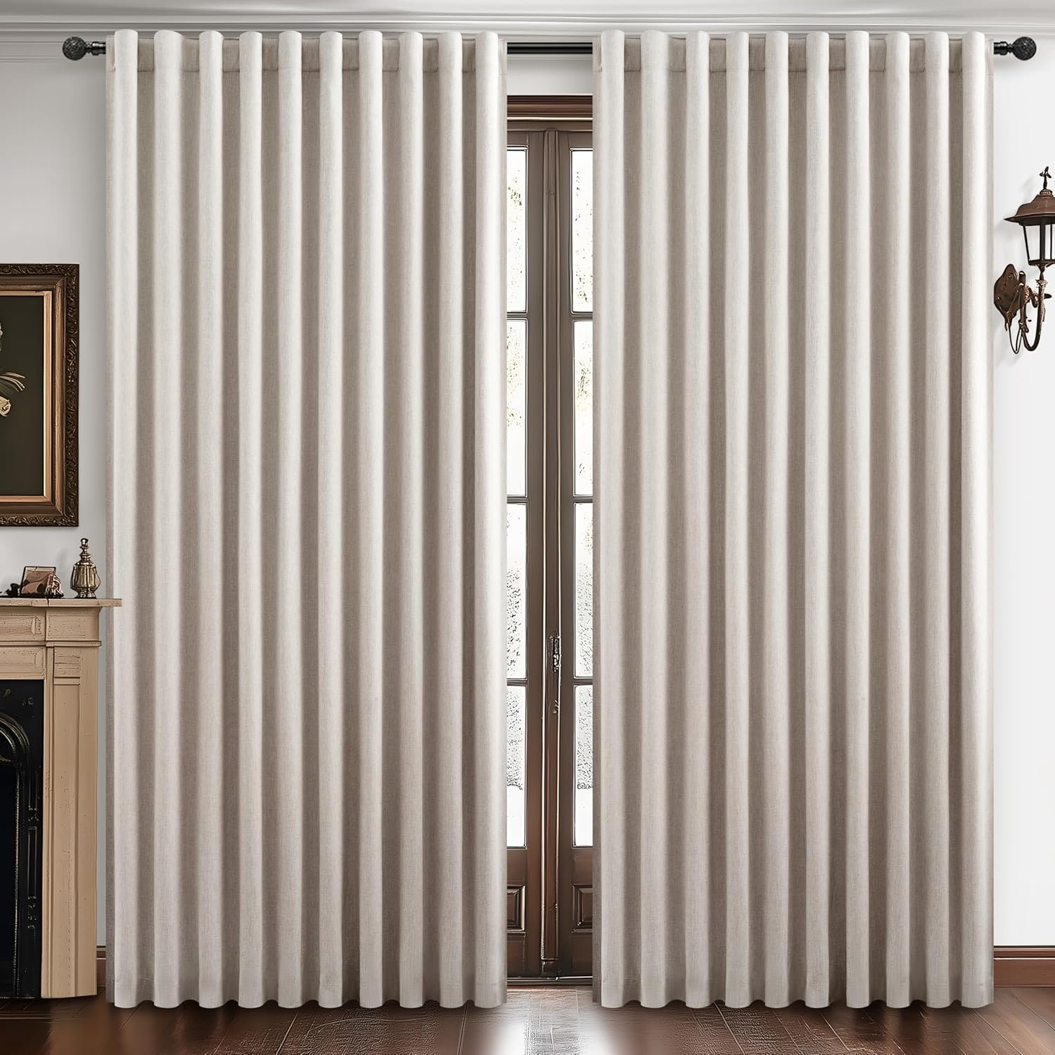 Widened and Thickened Pleated Cotton-Linen Blackout Curtain Two-Piece Set, Long Fabric Curtain for Winter Heat Locking, Floor-to-Ceiling Soft Furnishing for Living Room with Large Windows