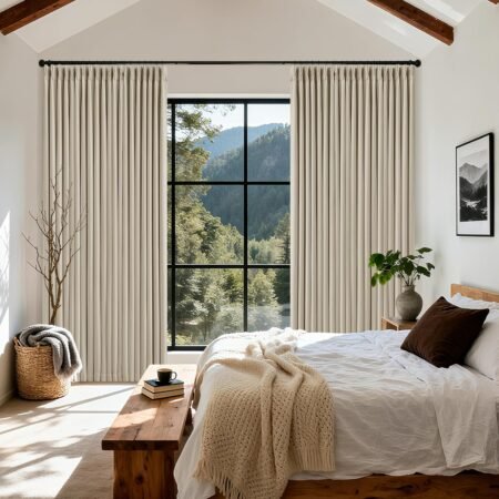 Extra wide 100% blackout curtains, pinch pleated with back tab, thick linen with liner, thermal insulated, soundproof, single panel.