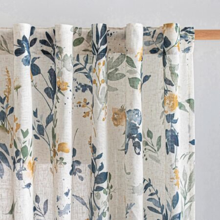 Floral linen curtains, semi sheer light filtering, farmhouse flower pattern, back tab, set of 2.